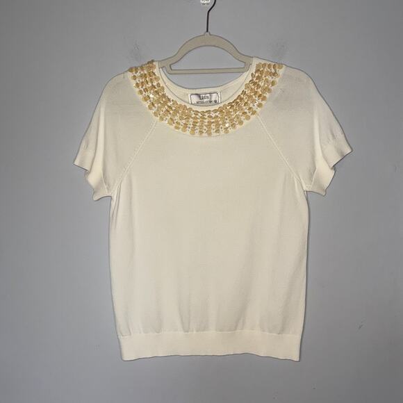 Lisa International Vintage Beaded Short Sleeve Sweater Size Large Ivory Pearls - Picture 1 of 7